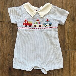 Lil Cactus Striped Boy’s Romper with Embroidered Vehicles